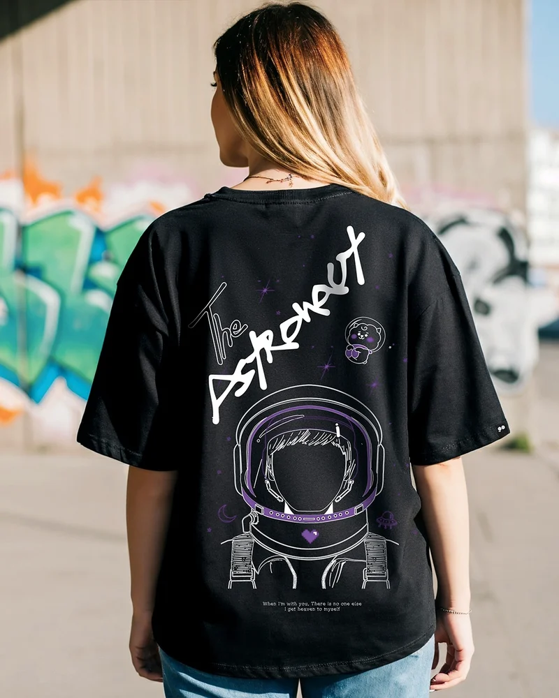 بيواكوف Women's Black BTS Astro (JIN) Graphic Printed Oversized T-shirt